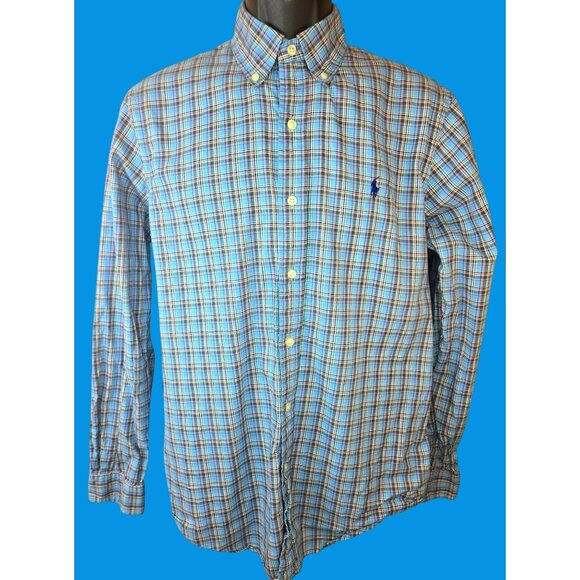 Ralph Lauren Mens Blue Shirt Medium Plaid Long Sleeve Button-Down - Picture 2 of 8